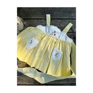 Vtg 50s Pinafore Dress Yellow White Patch Pocket Hand Embroidery Strappy Sleeve